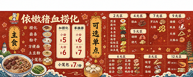 以图1为基准进行重绘设计，画面顶部保留纯白色留白区域不做任何设计，仅设计下方红色区域部分，整体尺寸比例与图1保持一致。红色背景区域采用国潮手绘水彩风格，参考图8的整体版式结构和图9的右侧分区布局，融入手绘风食材元素和福州地域装饰元素。

左侧区域：左上角保留依嫩猪血捞化logo和主标题"依嫩猪血捞化"，下方竖排"主食"标签，右侧列出主食项目：捞化、面条、粉干、方便面、土豆粉、小笼包，每项配手绘小图标。左下角放置手绘风格的猪血捞化碗和青菜小碟插画。中间区域：两个价格卡片分别标注"加捞化 小份¥5 大份¥6"和"单独拌 小份¥6 大份¥7"，下方标注"小笼包 ¥7/份"。

右侧区域：竖排"可选单点"标签，右侧按价格分区排列，参考图9的分区布局：
- "2元区"：煎蛋、腐竹、青菜、木耳、香菇、海带、娃娃菜、黄花菜、油豆腐
- "4元区"：猪血
- "5元区"：猪肺、猪尺
- "6元区"：小肠、猪肝、白肠、猪杂、花肠、软骨、花蛤、鸭胗带
- "7元区"：罗汉肉、大肠
- "8元区"：喉管、鸭胗、海蛎
- "9元区"：猪腰、鱿鱼、天梯、大肠头
- "12元区"：虾(时令)、蛏(时令)

每个分区用米黄色圆角标签标注价格区名称，每个食材配手绘风格小图标，参考图2的Q版手绘食材风格。整体配色：深红色背景+米黄色标签+手绘食材插画，底部装饰手绘祥云波浪纹样，点缀小花、星星等手绘装饰元素。字体采用手写书法风格，具有国潮烟火气。

画面中必须完整呈现以下文字信息：依嫩猪血捞化、主食、可选单点、捞化、面条、粉干、方便面、土豆粉、小笼包、加捞化、单独拌、小份¥5、大份¥6、小份¥6、大份¥7、小笼包¥7/份、2元区、煎蛋、腐竹、青菜、木耳、香菇、海带、娃娃菜、黄花菜、油豆腐、4元区、猪血、5元区、猪肺、猪尺、6元区、小肠、猪肝、白肠、猪杂、花肠、软骨、花蛤、鸭胗带、7元区、罗汉肉、大肠、8元区、喉管、鸭胗、海蛎、9元区、猪腰、鱿鱼、天梯、大肠头、12元区、虾(时令)、蛏(时令)

画面中所有数字必须精确渲染，不得错位、遗漏或编造。画面顶部白色区域保持纯白留白，不添加任何设计元素。画面中所有信息区域必须填充完整合理的内容，不得出现空白框或占位。