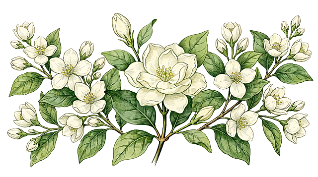 参考原图的手绘插画风格，往图片左右两边扩充，添加更多同风格的茉莉花枝和叶片，保持整体风格一致，最终将画布变为16:9的横幅尺寸