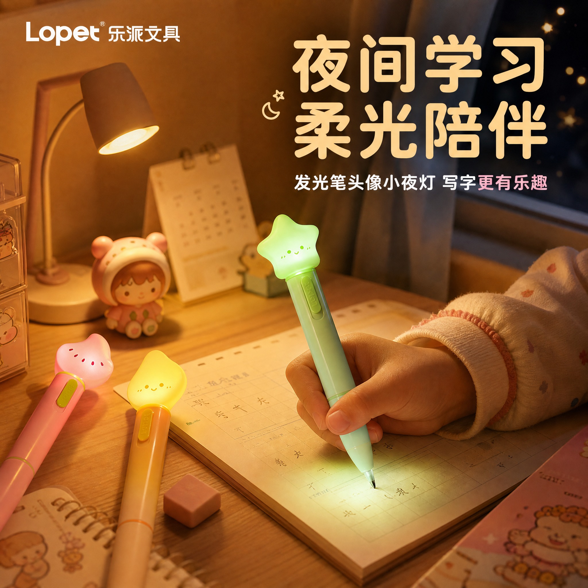 [主图-4] 夜间学习使用场景图，展示学生在书桌前使用发光可擦… - 图片创意预览