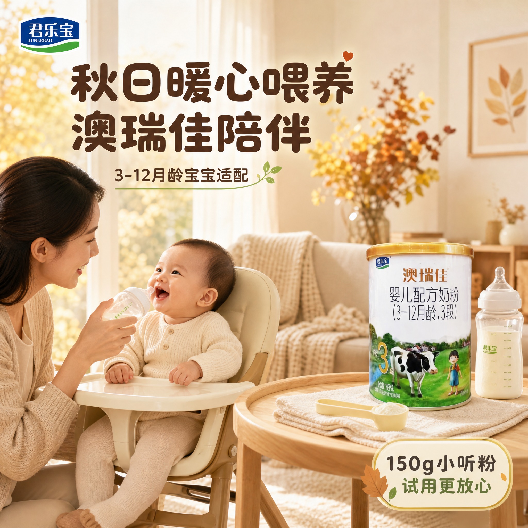 [主图-5] 君乐宝澳瑞佳婴儿配方奶粉3段 居家秋日喂养场景… - 图片创意预览