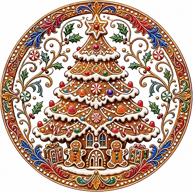 Christmas sticker, medieval illuminated manuscript style, a Christmas gingerbread tree with candy ornaments, sweet tree, circular composition 800x800, warm brown gingerbread and colorful candy and icing white colors, medieval confectionery tree style, isolated on clean white background, e-commerce sticker design, high detail