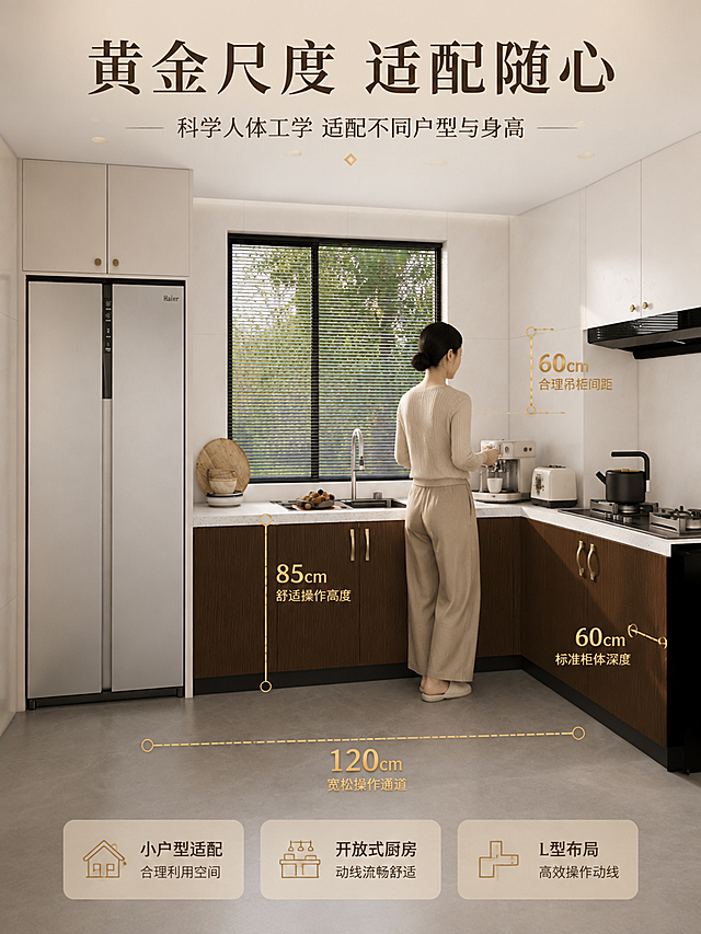 [第1张] 空间尺度页·索菲亚摩卡橱柜操作高度与占地适配。本张使用【图1】作为厨房空间主体，标注人体工学尺度数据。
[氛围/风格] 专业空间尺度解析，清晰直观，高级质感，数据可视化。
[元素布局] 画面主体为【图1】中的中古风厨房侧视角，一位亚洲女性站在操作台前（背影/侧影），用虚线与数字标注关键尺度：台面高度约85cm、吊柜底部距台面约60cm、地柜深度约60cm、操作通道宽度约120cm；台面放置常用小家电（咖啡机、面包机）展示操作空间；橱柜外观与颜色与【图1】完全一致，胡桃木棕地柜、奶白色吊柜与墙面、金色拉手、黑色抽油烟机、银色对开门冰箱、黑色窗框百叶窗均保留原样。
[光影质感] 均匀柔光照明，空间通透，尺度标注线清晰可见，整体明亮专业。
[配色色系] 全局底色暖米白#EDE4D3，主色胡桃木棕#6B4423，标注线与数字金色#C9A25C，辅助色奶白#F8F4EC。
[视角构图] 侧面视角，人物与橱柜形成尺度参照，虚线标注贯穿画面；阅读动线顶部标题→中部空间尺度标注→底部利益点总结。
[文字版式] 顶部大标题「黄金尺度 适配随心」，思源宋体 Bold；副标题「科学人体工学 适配不同户型与身高」，思源宋体 Regular；各尺度线旁标注数字与说明「85cm 舒适操作高度」「60cm 合理吊柜间距」「60cm 标准柜体深度」「120cm 宽松操作通道」；底部三个户型适配标签「小户型适配」「开放式厨房」「L型布局」，思源黑体 Regular。
[比例分辨率] 3:4竖版比例，2K分辨率，文字清晰可辨，高清画质。
[负向提示词] 尺度标注错误，柜体变形，文字模糊，水印，颜色偏差。