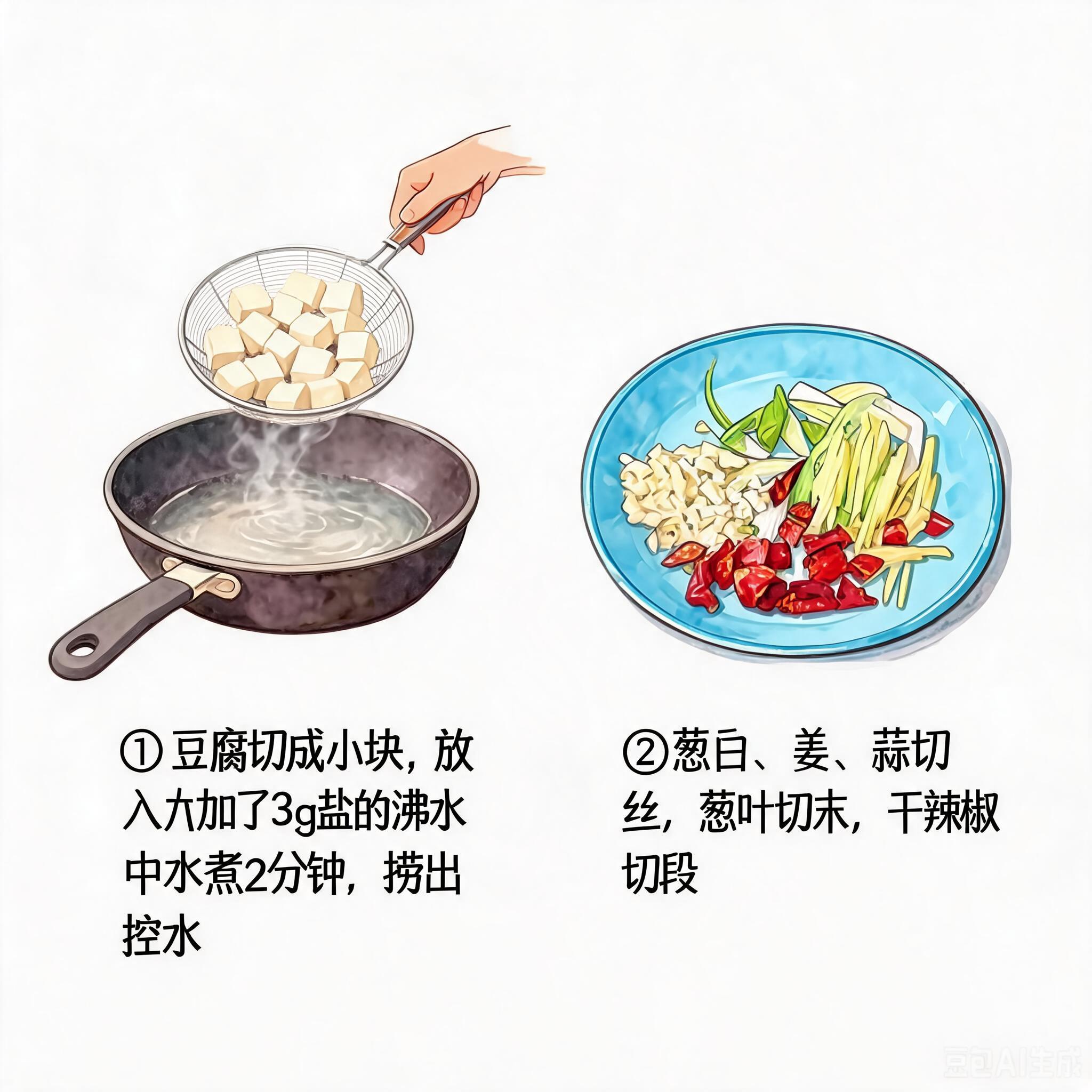 美食分镜插画，竖向2格分画面，保留原图2个肉沫豆腐烹饪步骤构图… - 图片创意预览