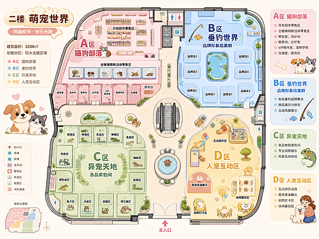 3500平方商场二楼萌宠世界平面设计图，分为四个区域：A区猫狗部落（含开架超市零售区、全玻璃隔断活体零售区、多个独立服务空间）、B区垂钓世界品牌形象店集群、C区异宠天地各品类包间、D区人宠互动区，整体软萌可爱风格