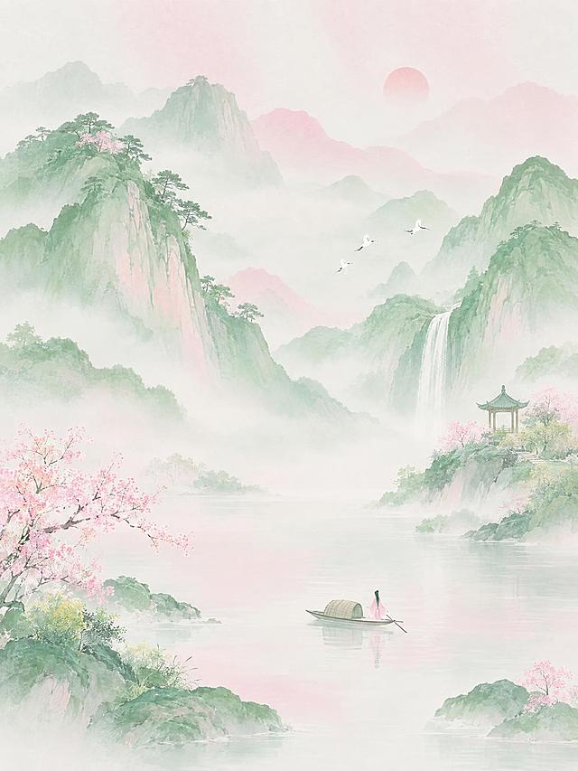 参考图的粉绿渐变新中式山水风格，重新生成全新的山水画面，保持柔和淡雅的色调、朦胧雾气的意境、极简东方美学，画面内容与参考图不同，可以有不同的山峦形态、不同的人物或景物元素，整体保持治愈清新的国风插画质感