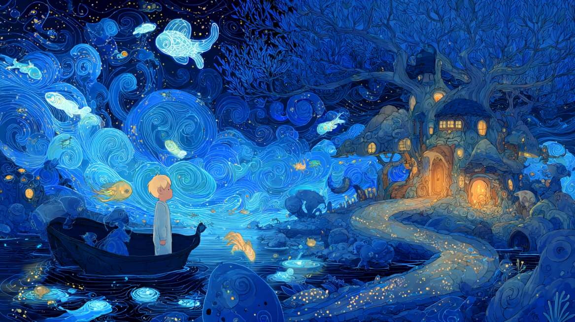 Whimsical night scene: a child in pajamas on a leaf-boat follows a swirling galaxy of bioluminescent预览效果