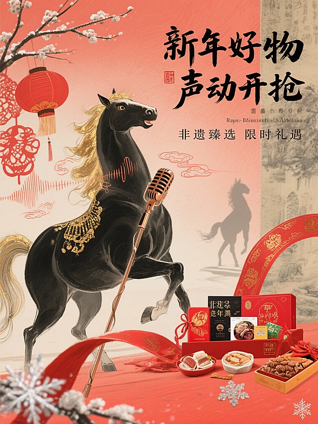 现代简约 + 中国风融合新年海报，视觉核心为金属质感银白马匹，昂首叼流光蓝金麦克风，声波化作科技感渐变光带。右侧错落陈列潮玩、数码、美妆新年限定款，商品缀红金挂饰与 “福” 字印章。背景以渐变红金为底，叠简约几何祥云、烟花线条，角落点缀迷你灯笼。左主右辅构图，线条利落有质感。色彩红金 + 流光蓝，现代感与年味兼具。文字用黑体搭配书法字，突出 “声动新年 好物开抢” 主题与 “限定爆款 直降到底”