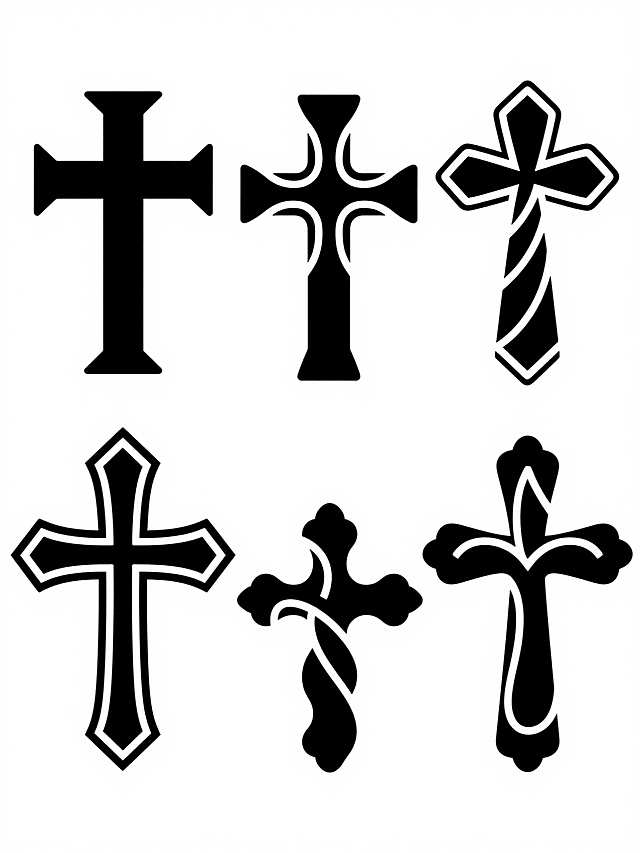 六个不同样式、不同造型、不同风格的十字架，每个十字架均为黑色主体搭配白色细轮廓线条，具有装饰性几何边缘和流畅曲线造型，排列整齐分布于纯白色背景上，整体呈现简洁清晰的平面设计风格，图形元素突出，视觉层级分明。