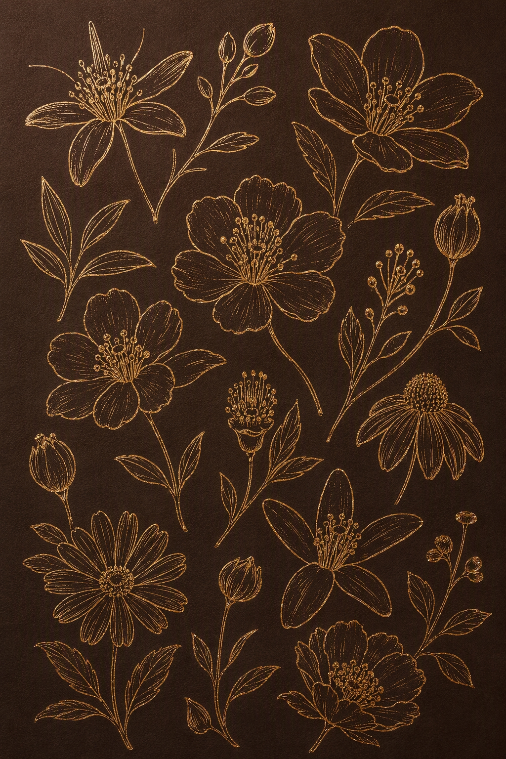 参考图中的金色线描花卉风格，深棕色哑光纸张背景，金色烫金质感的… - 图片创意预览