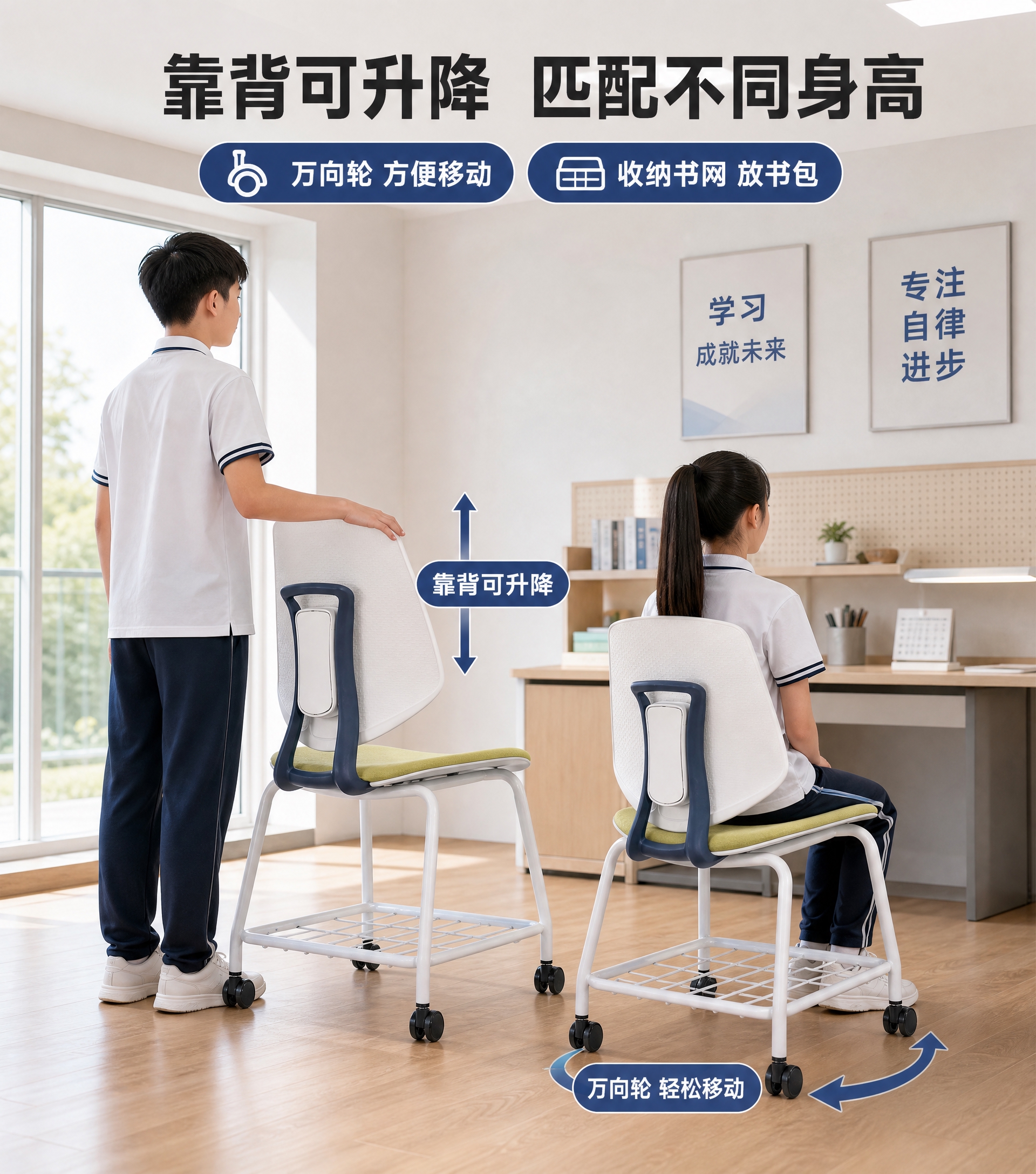 [主图-5] 调节与移动图：靠背可升降匹配不同身高学生，万向轮… - 图片创意预览