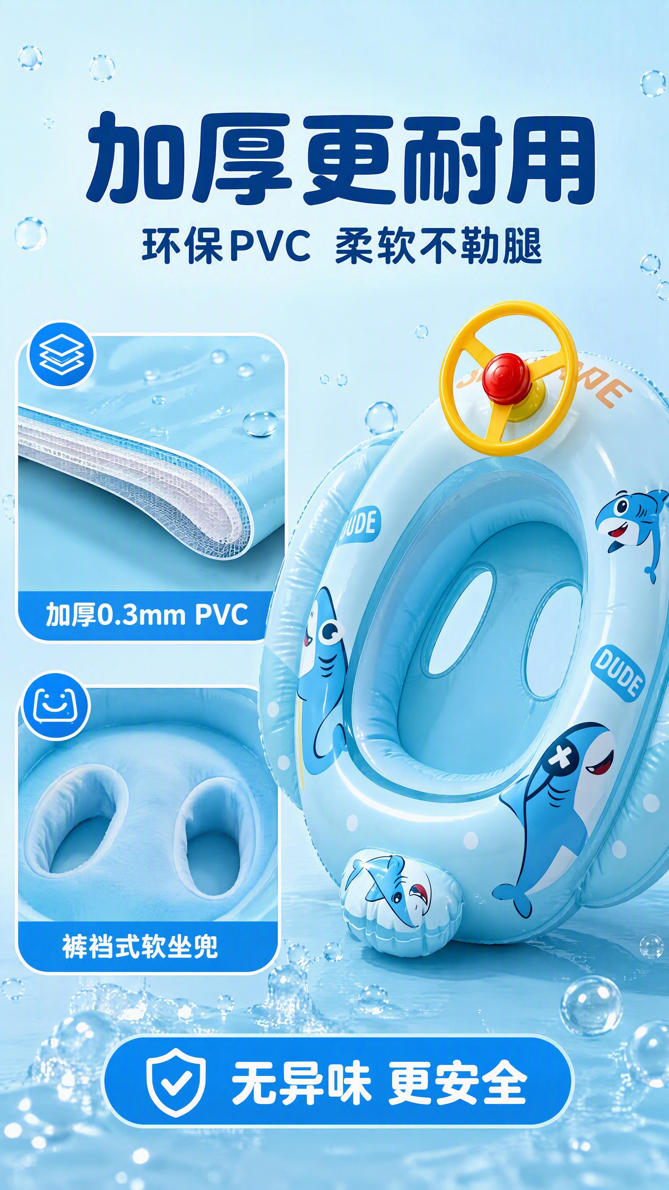 [第4张] 材质细节页-加厚PVC材质+裤裆坐兜舒适设计。本张… - 图片创意预览