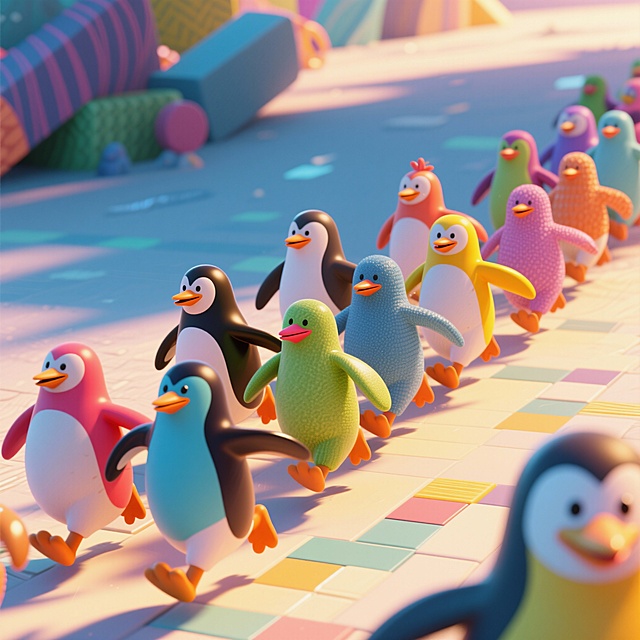 一群彩色的企鹅，朝前方快乐奔跑，形成好几个队列