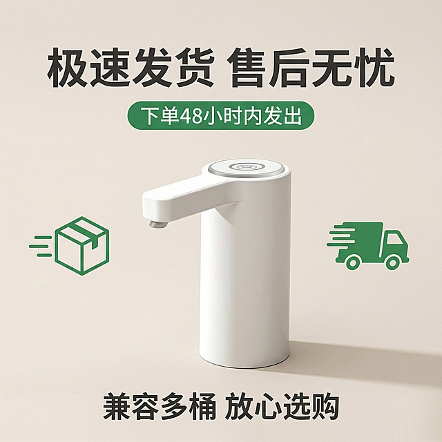 垫图为用户上传的白色桶装水抽水机，主图主题：服务保障展示，氛围风格：简约可靠，信任感强，画面元素：白色抽水器居中放置在浅米色背景上，左侧有快递包裹图标，右侧有极速发货的运输车辆图标，背景为浅米色纯色背景，光影柔和，产品外观与原图完全一致，主体占比50%，背景铺满全屏无边框。配色色系：主色调白色+浅米色，辅助色绿色（服务标签）。视角构图：平视角度，构图平衡。文字版式：顶部主标题“极速发货 售后无忧”，无衬线粗体深灰色；下方悬浮绿色胶囊标签，内有白色文字“下单48小时内发出”；底部文字“兼容多桶 放心选购”，无衬线深灰色字体，文字不遮挡产品主体，整体传递可靠的服务感。比例分辨率：1:1比例，2k分辨率