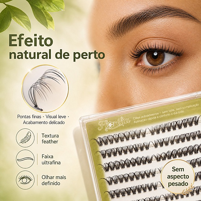 [主图-3] 自然效果卖点图，主题为 Efeito Natural 自然逼真效果，展示假睫毛上眼后的自然妆效。
[统一基调] 橄榄绿+香槟金轻奢美妆风，自然光感，葡萄牙语文案，主标题用干净无衬线粗体，辅助文字用同系列常规体，标题字色深橄榄绿，辅助字色深灰，强调色香槟金。
[画面] 浅米色+橄榄绿渐变背景，左上角有几片新鲜绿叶装饰（植萃天然感）。画面右侧是一只拉美女性眼睛的特写（棕色瞳孔，健康肤色，眼妆清淡自然），佩戴假睫毛后效果自然，根根分明，卷翘弧度自然，不夸张。眼睛下方放置透明假睫毛托盘，斜45度角，展示产品实物。左侧有一个圆形放大框，框内是一簇假睫毛的侧面微距，展示毛尖纤细、根部超细的细节。画面左下角有三个小图标+文字的卖点组，竖向排列。
[光影质感] 自然光感，柔和侧光，眼部皮肤纹理真实，睫毛有自然光泽，透明托盘有反光，高级美妆特写质感。
[配色] 浅米色主背景，橄榄绿渐变点缀，绿色叶片，黑色睫毛，肤色自然，整体清新自然。
[文字版式] 左上角大标题 "Efeito natural de perto"，分两行，第一行 "Efeito" 第二行 "natural de perto"，深橄榄绿色。圆形放大框下方标注 "Pontas finas · Visual leve · Acabamento delicado"。左侧三个卖点图标从上到下："Textura feather"、"Faixa ultrafina"、"Olhar mais definido"。右下角圆形徽章 "Sem aspecto pesado"，香槟金色边框。文字均为葡萄牙语。
[输出要求] 比例1:1，2048x2048，眼部清晰，产品清晰，文字清晰，无变形，无错字，无水印，无平台Logo，无中文。