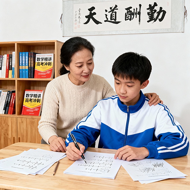 高中家长在辅导15岁的学生高中数学作业，孩子穿着校服，母子或母女，中国人面孔。帮我生成20张