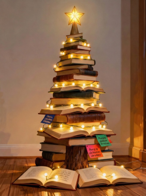 用闲置书籍螺旋堆叠成圣诞树形，每层嵌入暖黄串灯，书页间夹藏LED小灯，翻开即亮，仿佛知识发光，每本书内夹一张书签，写着不同的圣诞故事段落预览效果