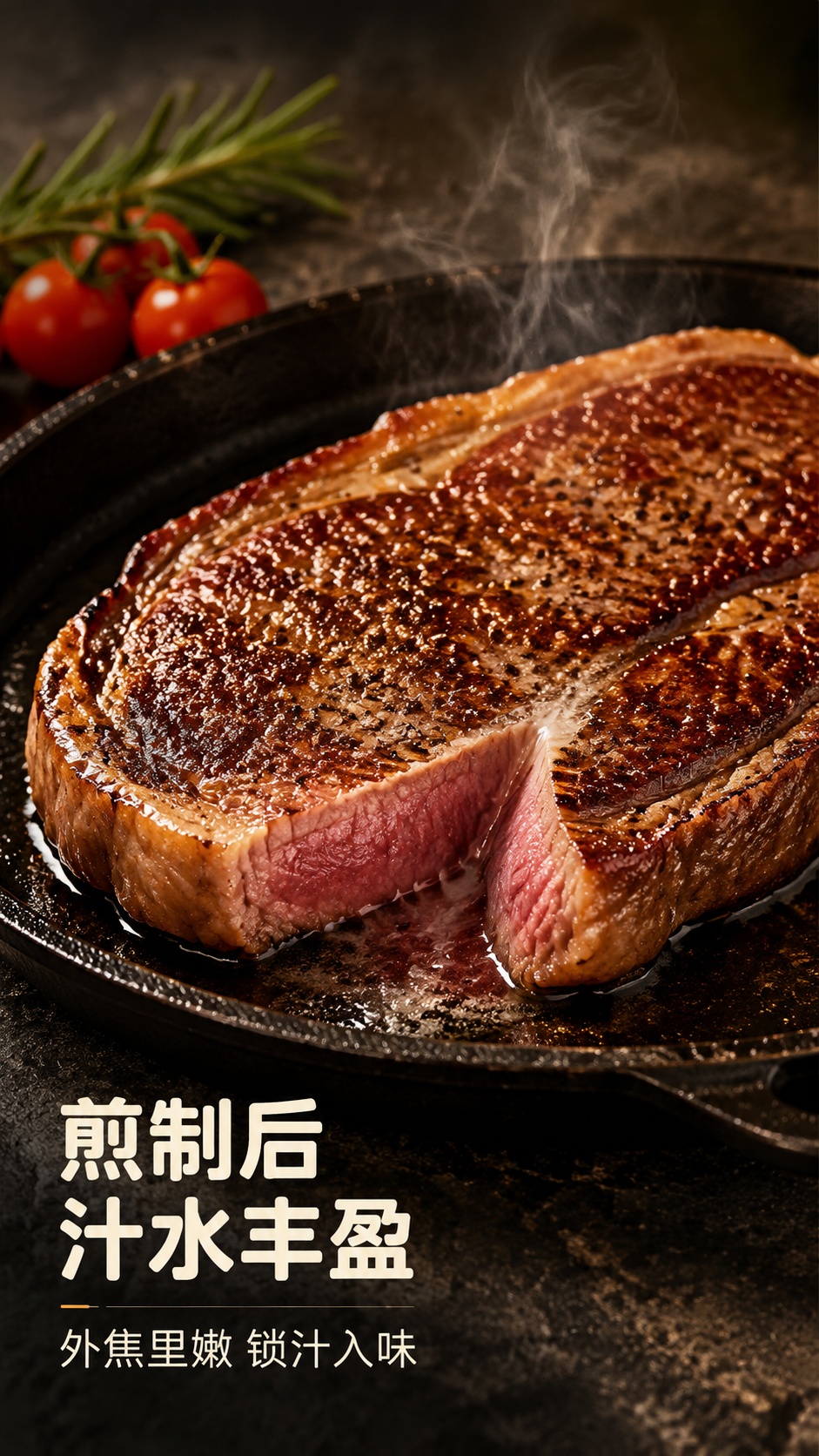[第5屏] 煎制成品展示屏，静腌西冷牛排煎制后汁水饱满状态。本… - 图片创意预览