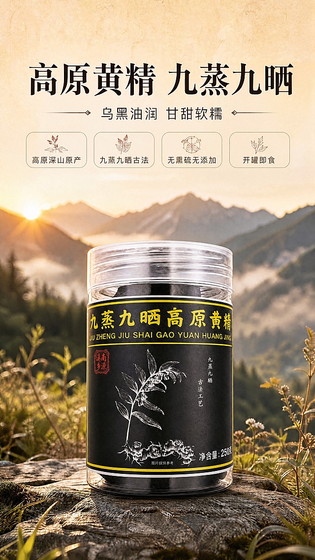 将图1画面中央的罐装黄精产品替换为图2的产品外观，完全保留图2的罐体结构、标签细节、黄精植物线稿图案、文字内容和罐内黄精形态。产品放置在原图的岩石台面上，角度和大小与原图产品一致，光影与原图的高原晨光环境融合（左侧暖金色阳光照射，罐身有自然高光和环境反射，底部有自然阴影）。背景、所有文字标题、四个标签按钮、版式布局、色调氛围完全保留图1不变。产品包装文字必须清晰准确，与图2完全一致。