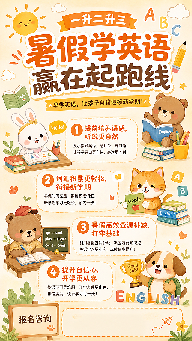 生成一张少儿英语培训招生海报，主题为"一升二升三学习英语的重要性"，手绘可爱风格，暖色调，主标题"一升二二升三 暑假学英语赢在起跑线"，分点说明早学英语的优势，加入卡通小动物和书本元素，排版简洁大方，适合家长阅读