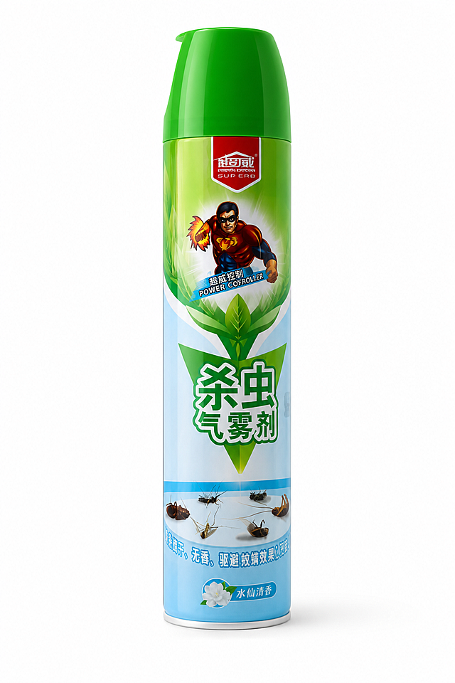 一张蚊香喷雾剂的照片，置于纯净的纯白背景上，正视图，平视视角3D渲染，精准还原产品颜色，增强其科技感与高级感。极致展现材质质感，比如玻璃的透明质感，塑料的细腻触感。清除所有指纹，灰尘与瑕疵，让产品看起来崭新洁净。光线均匀，无明显杂乱阴影。保持产品细节不变