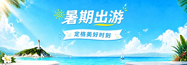 在当前基础上修改：缩小"定格美好时刻"文字尺寸，同时缩小承载文字的飘带框整体尺寸，保持"暑期出游"大小和位置不变，保持夏日蓝色背景不变，整体排版协调美观。画面中所有数字必须精确渲染，不得错位、遗漏或编造。