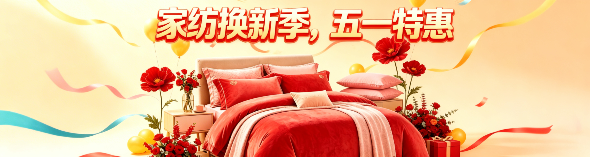 扩大标题文字'家纺换新季，五一特惠'和红色床品产品的尺寸，移除画面中所有的气球，包括心形气球、普通黄色气球和热气球，保持1125*300尺寸，暖黄色背景，保留红色花朵、彩色丝带和礼品盒，整体风格保持一预览效果