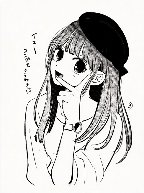 将人物头发的灰黑渐变填充改为半调网点效果，其余部分保持原图的黑白漫画手绘风格不变预览效果