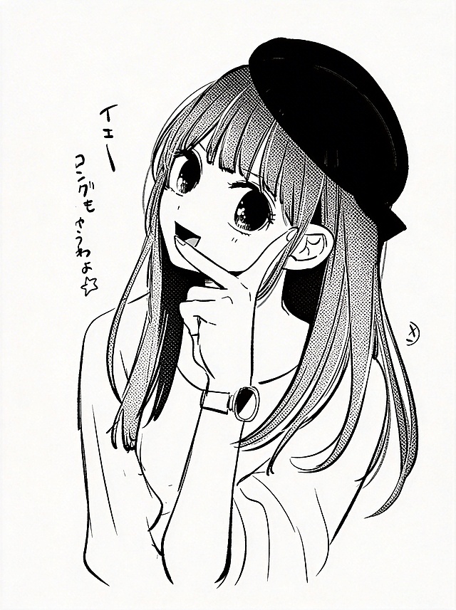 将人物头发的灰黑渐变填充改为半调网点效果，其余部分保持原图的黑白漫画手绘风格不变