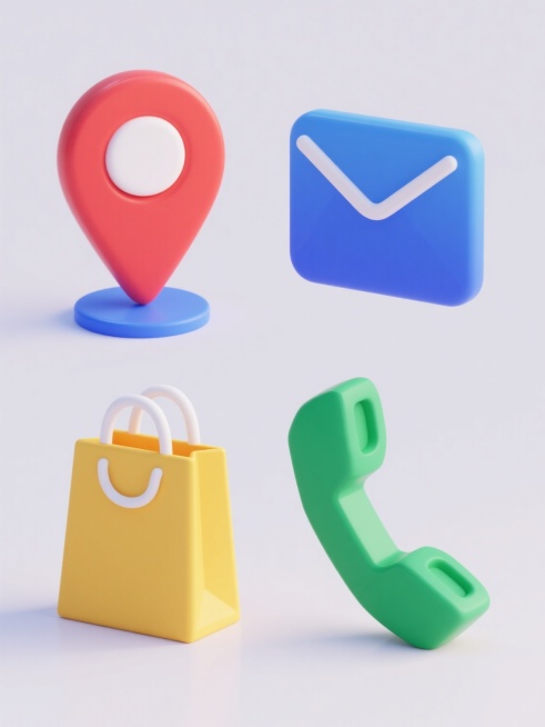 一套4个3D图标系列，每个图标均采用圆润光滑的低多边形风格，纯色背景，主体色彩鲜明饱和，具有柔和高光和轻微阴影以增强立体感。第一个图标为红色定位标记，顶部有白色圆形，底部为蓝色半圆形底座；第二个图标为蓝色信封形状，正面有白色封口线条；第三个图标为黄色购物袋造型，带白色提手；第四个图标为绿色电话听筒轮廓，线条简洁流畅。所有图标等距规整排列，保持统一的3D渲染风格、光影效果和构图比例，整体呈现出简……预览效果