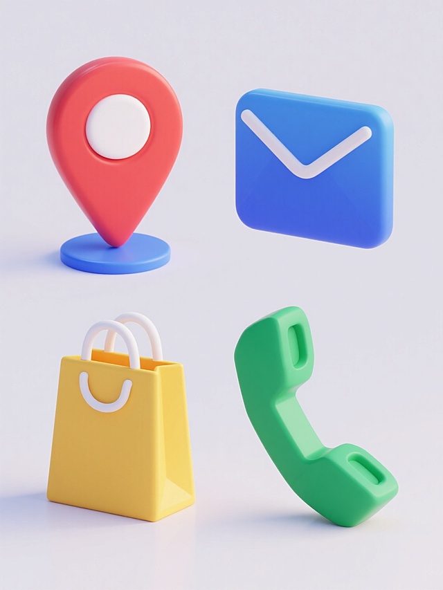 一套4个3D图标系列，每个图标均采用圆润光滑的低多边形风格，纯色背景，主体色彩鲜明饱和，具有柔和高光和轻微阴影以增强立体感。第一个图标为红色定位标记，顶部有白色圆形，底部为蓝色半圆形底座；第二个图标为蓝色信封形状，正面有白色封口线条；第三个图标为黄色购物袋造型，带白色提手；第四个图标为绿色电话听筒轮廓，线条简洁流畅。所有图标等距规整排列，保持统一的3D渲染风格、光影效果和构图比例，整体呈现出简洁现代的UI设计感。