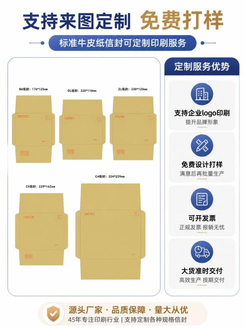 [第5屏] 定制服务页-标准牛皮纸信封可定制印刷服务展示。本屏使用【图1】作为信封产品主体。
[氛围/风格] 商务服务风，清晰专业排版，凸显定制优势，温和舒适视觉感受。
[元素布局] 左侧放置定制好的预览效果