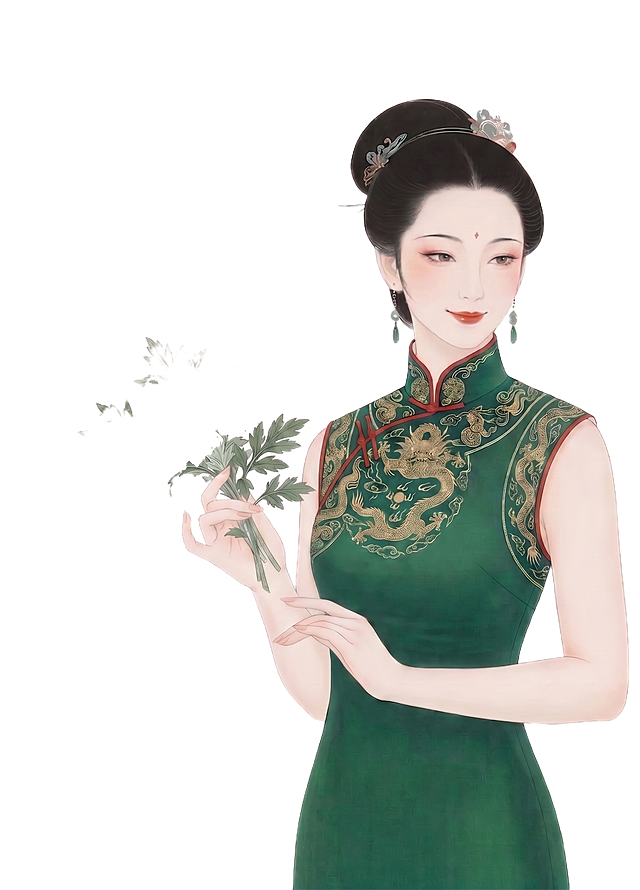 将人物的表情修改为温和的微笑，保留原无袖墨绿色龙纹旗袍、艾草、发型发饰和整体工笔画国风风格不变，只修改面部表情