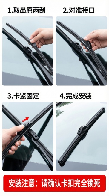 四步骤演示顶刮刮雨刮器30秒快速安装过程，每步配简洁文字说明："1. 取出原雨刮""2. 对准接口""3. 卡紧固定""4. 完成安装"，添加醒目标注"安装注意：请确认卡扣完全锁死"预览效果
