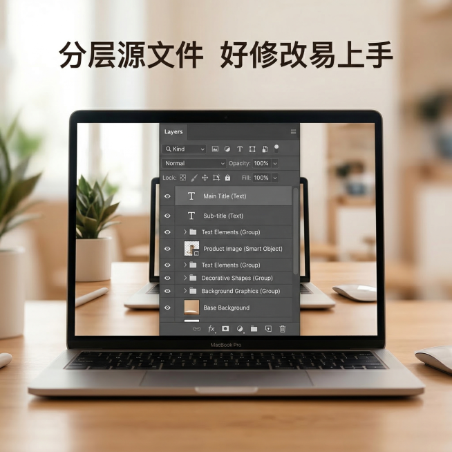 [主图8] PS海报模板设计素材便捷修改展示主图，延续主图1的温馨科技风格，展示分层源文件的图层结构截图，突出分层清晰好修改的特点，背景柔和，光影统一，背景全屏铺满无边框，文案 "分层源文件  好修改预览效果