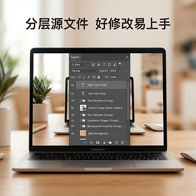 [主图8] PS海报模板设计素材便捷修改展示主图，延续主图1的温馨科技风格，展示分层源文件的图层结构截图，突出分层清晰好修改的特点，背景柔和，光影统一，背景全屏铺满无边框，文案 "分层源文件  好修改易上手" 悬浮顶部，保持整体风格统一