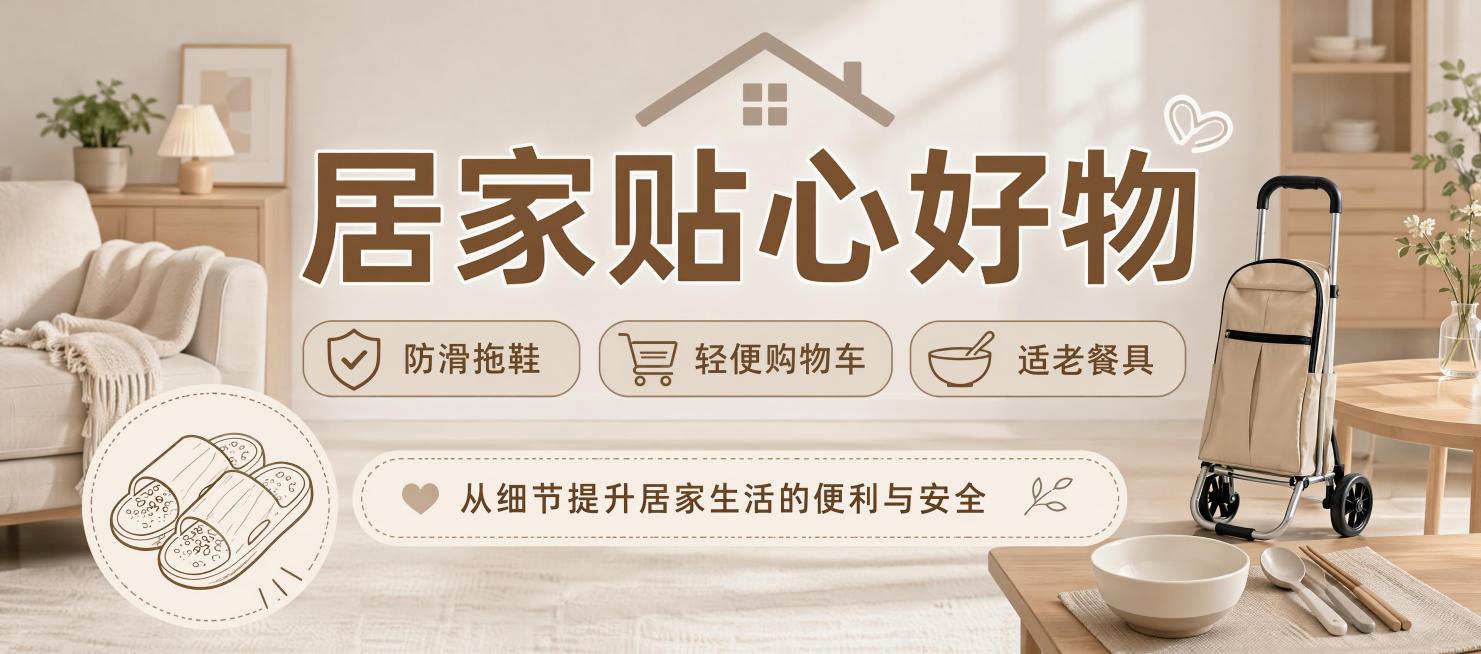 简约干净温暖居家风格横幅海报，突出安全实用氛围。主标题："居家贴心好物"，副标题："防滑拖鞋 轻便购物车 适老餐具"，底部文案："从细节提升居家生活的便利与安全"。左下角搭配简约防滑拖鞋的线稿简笔画，预览效果