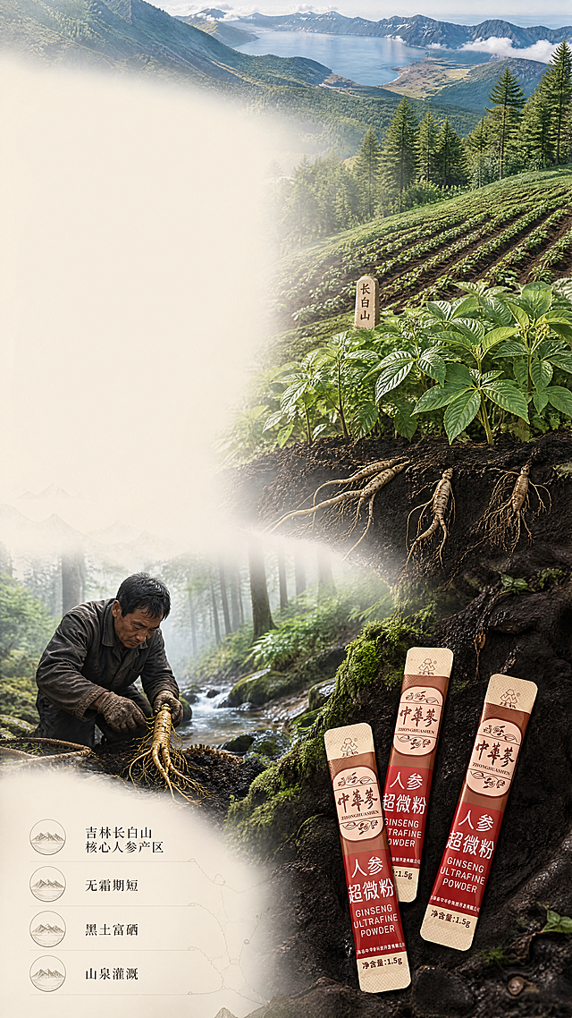 [第3屏] 原产地长白山产地优势详情页，写实风光摄影拼接长图，上半部分：长白山原始林区、长白山天池远景、黑土地参田，漫山林下参植株，腐殖黑土特写；下半部分：原产地原料采收实景，工人在长白山参地采收鲜人参，空气云雾缭绕，山林泉水溪流，产品条袋零散摆放在黑参土上，标注核心地理：吉林长白山核心人参产区，无霜期短、黑土富硒、山泉灌溉，色调自然青绿+泥土棕，自然光实拍质感，8K高清，农产品详情风，预留文字排版空白。整体和全套详情页新中式国风风格统一，全局底色#F5F1E9（浅原木色），主体配色自然青绿+泥土棕+酒红点缀。光影：自然柔和日光，整体通透清晰，层次分明，远景虚化近景写实。构图：上下拼接构图，上半部分展示长白山风光产地，下半部分展示原料采收，产品条袋自然摆放在右下角黑土地上，保持产品包装和输入图一致。文字版式：左侧预留主标题位置，下半部分标注核心地理信息文字，文字采用深绿棕色宋体，字形采用大气宋体，字色2种（深棕+酒红），标题字采用统一渐变效果，预留足够文字排版空白。比例分辨率：宽750px，高约1400px，满足750px竖版电商详情尺寸，4K分辨率，文字清晰可辨，超高清。负向提示词：产品变形，包装文字错乱，风景失真，颜色偏差，水印，文字模糊，背景杂乱，极端夸张修饰