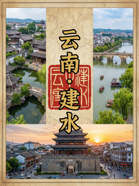 你的任务
帮我制作几份由地区的2到9张拼图出来的风景宣传照片，并在图片中心用正楷标上地点
#地点分别为
广东·潮州（以广州为例，高铁1.5h直达，冬季均温18-22℃）
云南·建水（以昆明为例，高铁1预览效果