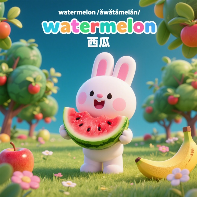 角色：3D卡通小兔（粉白配色，圆滚滚，表情可爱，全程出镜，动作贴合场景）背景：3D彩色果园背景（草地、果树、小花朵，色调明亮柔和，所有图片背景统一，不添加多余杂物）图片要求：高清、3D质感清晰，水果色预览效果