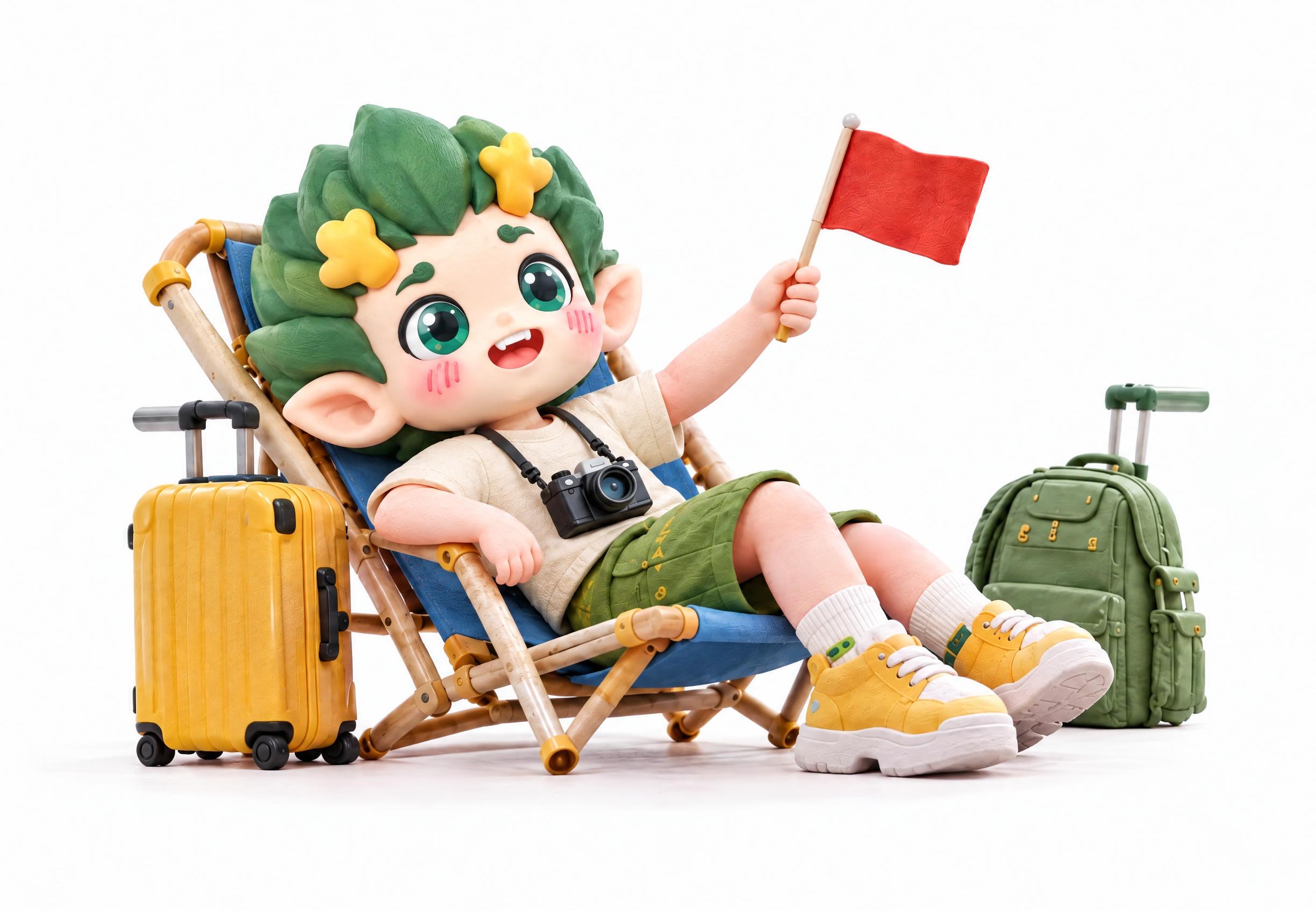 保持画面中躺椅、黄色行李箱、绿色背包、相机、红色小旗子、鞋子等… - 图片创意预览