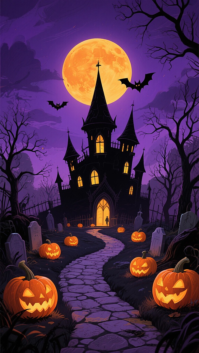 哥特式风格插画，阴森神秘的万圣节场景，巨大的橙黄色满月高悬在深邃的紫色夜空中，月光照亮了蜿蜒的石径小路，路两旁摆放着多个咧嘴笑的南瓜灯，散发着温暖的光芒，尽头是一座尖顶高耸、窗户透出昏黄灯光的黑色城堡，周围环绕着枯树枝桠和墓碑，空中有蝙蝠飞过，整体色调以紫色和黑色为主，营造出诡异而又充满节日氛围的场景