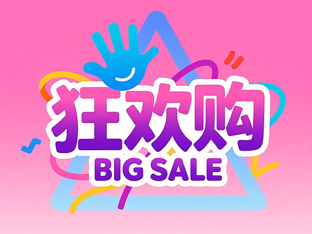粉色主标题 “狂欢购”，紫色描边，上方有蓝色的手掌装饰元素，背景有粉蓝相间的几何三角图形，下方还有 “BIG SALE” 的英文小字，紫色渐变背景，点缀彩带