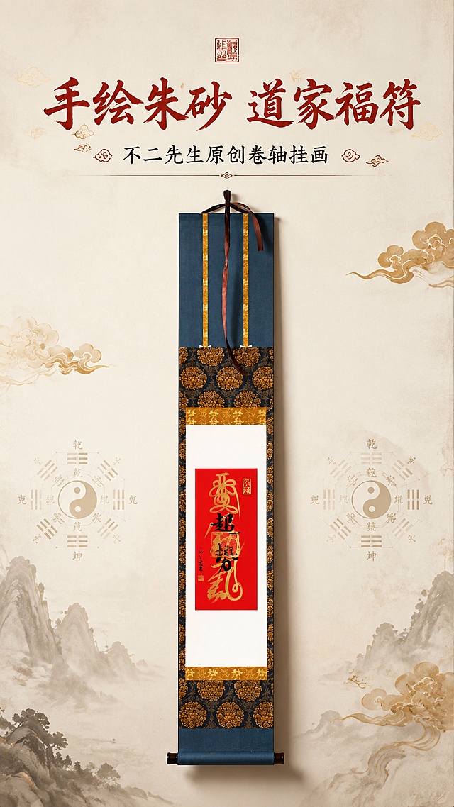 「图片1」，生成详情页，商品名称为：不二先生手绘朱砂卷轴挂画，适配拼多多平台，单图比例为9:16，需求屏数为8张。尺寸：110x17cm.画芯尺寸：11x26cm.以传统文化·道家文化为元素设计背景。