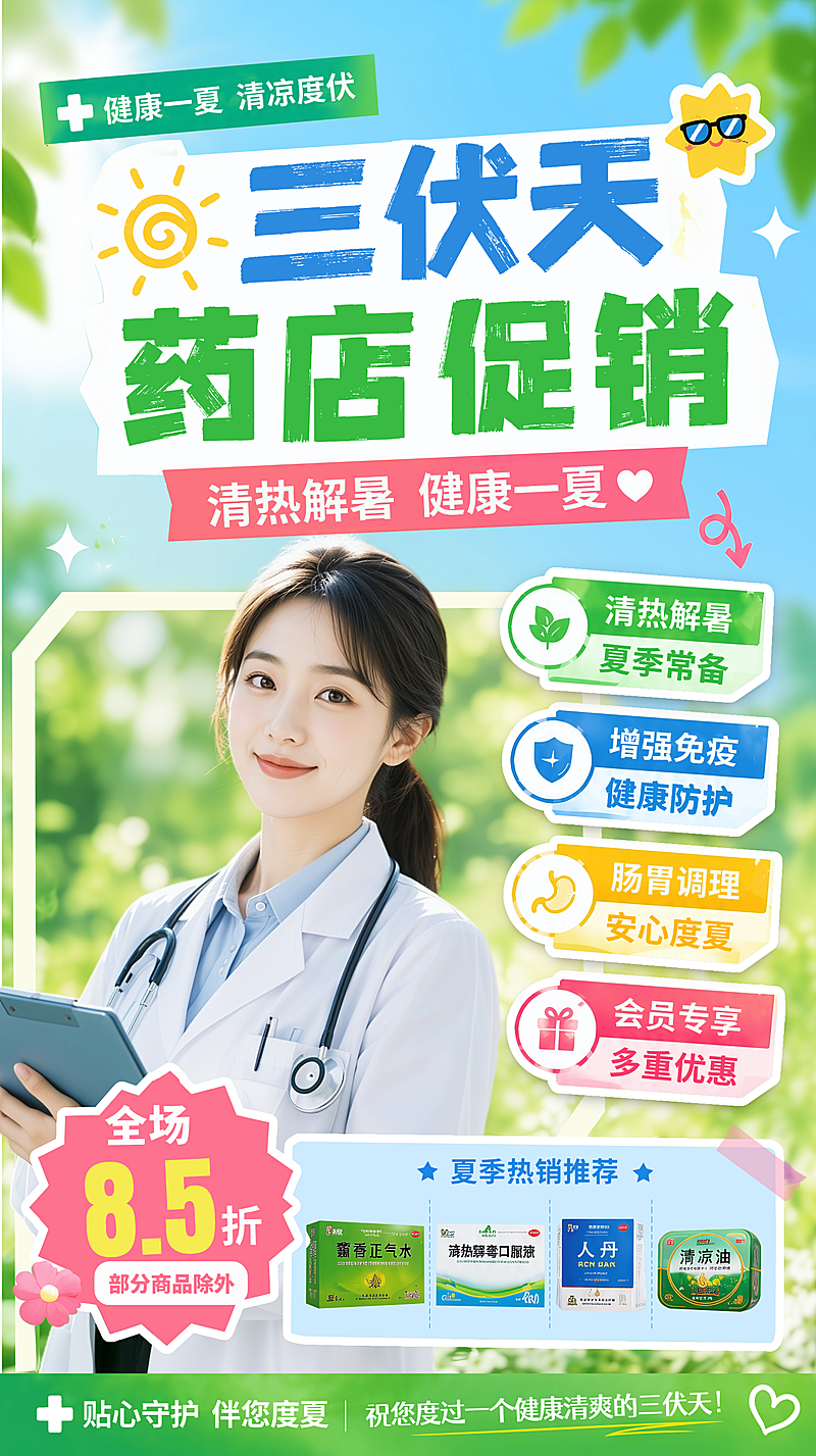 夏日三伏天药店冬病夏治促销活动微信朋友圈宣传海报