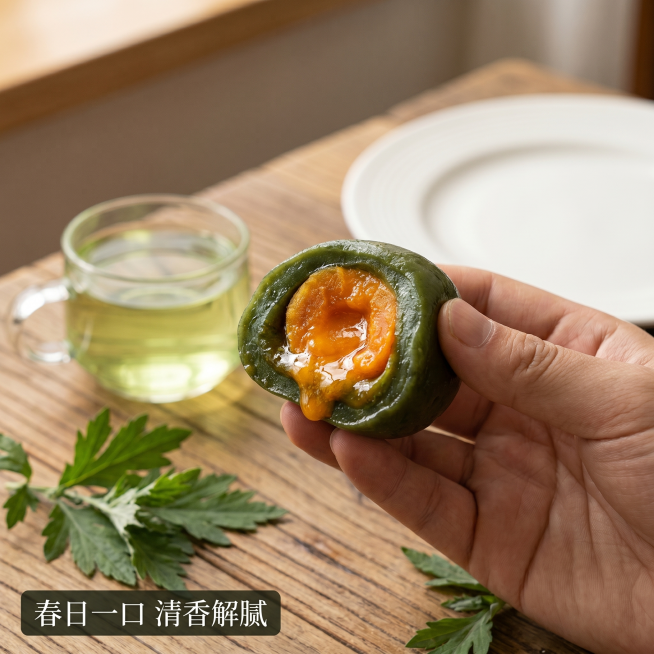 [主图 4] 青团食用体验场景展示。[氛围风格] 日常温馨下午茶场景，自然有代入感；[画质] 真实美食摄影，高清质感，自然通透；[元素] 一只手拿着半颗切开的咸蛋黄青团，能看到流油的咸蛋黄内馅，背景是预览效果