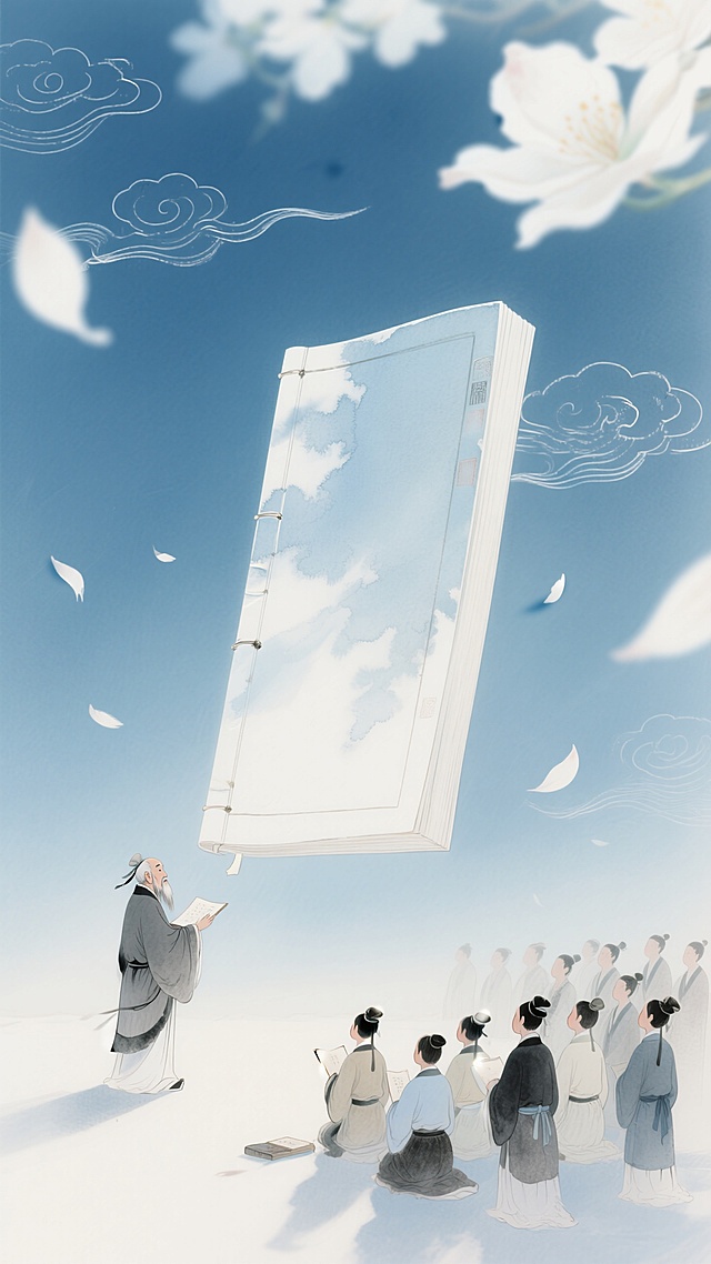 混合细腻彩铅质感的低饱和蓝色背景图：前景飘过动态虚化的白色花瓣，悬浮特写一本巨型空白古籍，老夫子在前面给学子讲课；底纹是白色细线条的祥云纹样。