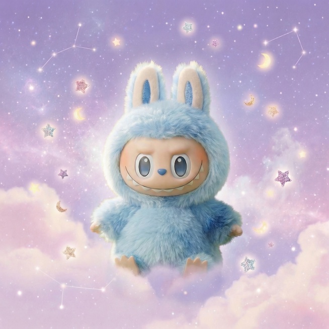 将蓝色拉布布的背景替换为浅紫色梦幻星空背景，带有闪光星星、月亮、云朵和星座线条，玩偶保留原造型，整体风格和最后一张浅紫色拉布布完全一致，无多余文案预览效果