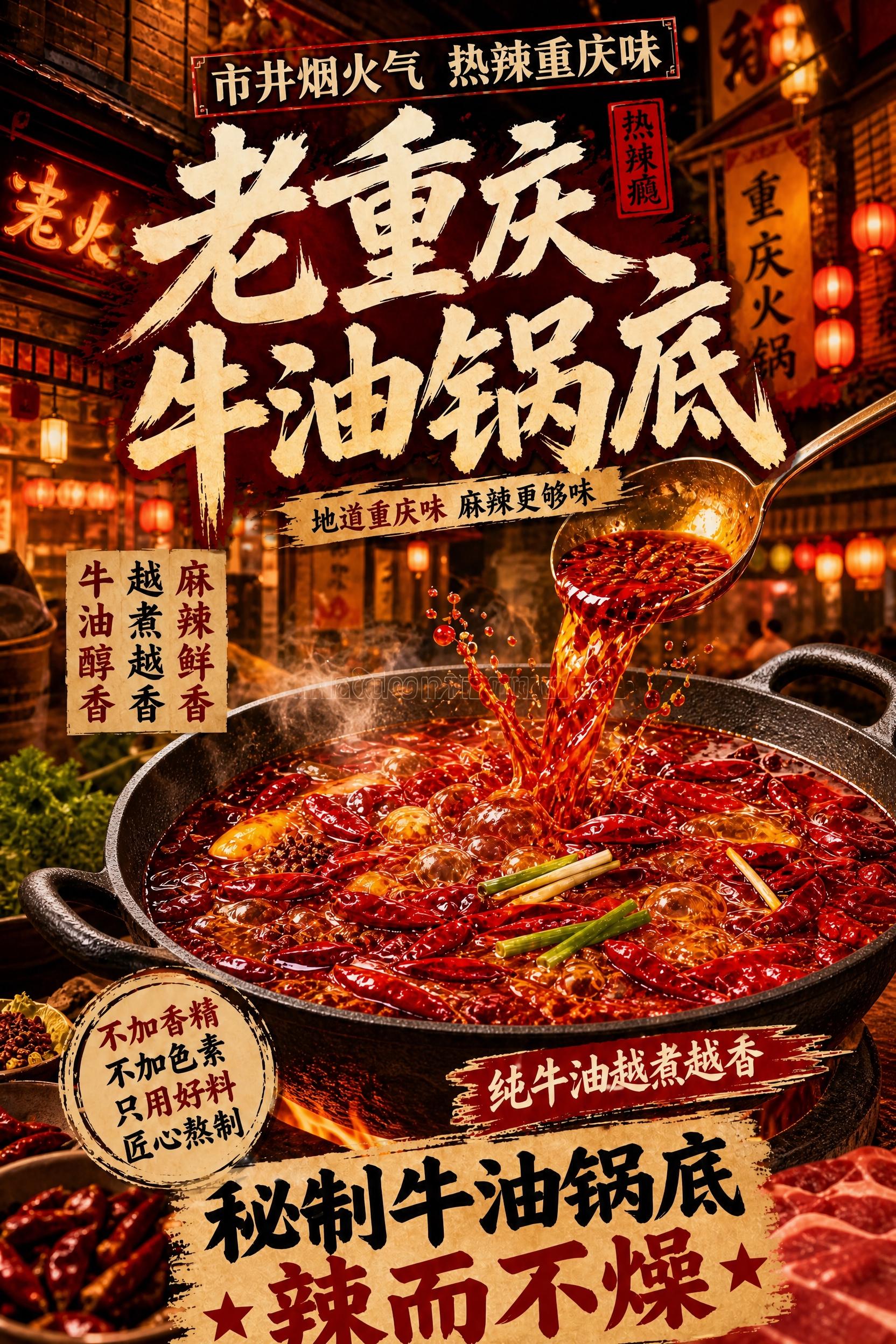 将图中的火锅锅具改为黑色的铁锅/黑砂锅材质，保持锅内红油火锅的… - 图片创意预览