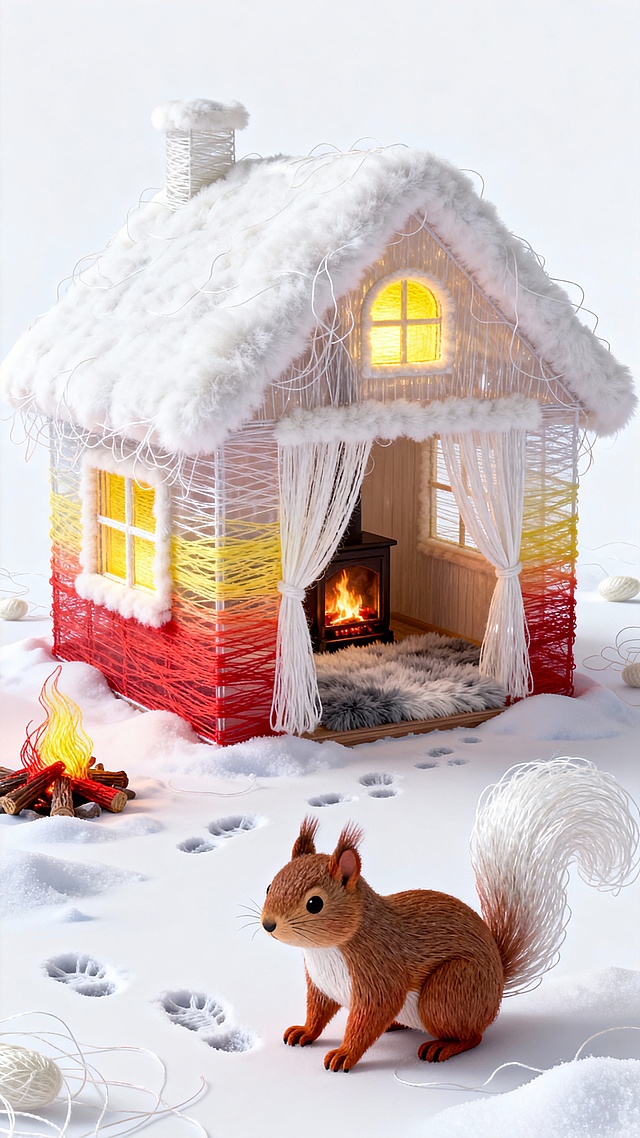 毛发生长风与面料风交织的3D微缩艺术小屋，暖光透窗，雪地松鼠驻足，梦幻温馨如童话冬日。
