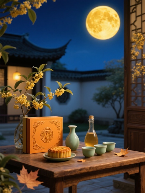画面中，一轮金黄的圆月挂在深蓝色夜空中，月光柔和地照亮庭院，院中有一张木桌，桌上摆放着雕花月饼礼盒、桂花酒壶和几只青瓷茶杯，礼盒旁插着几枝盛开的桂花，桌角散落着几片枫叶，整体色调温暖，充满中秋团圆的温预览效果